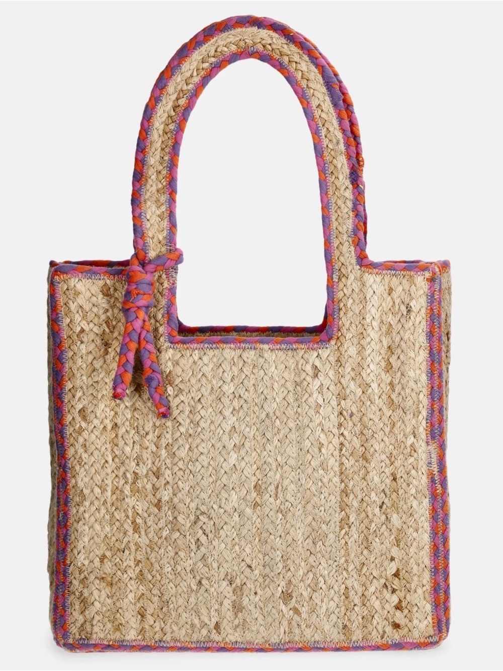 No Boundaries Natural Straw Shoulder Tote with Pink & Purple Trim NWT